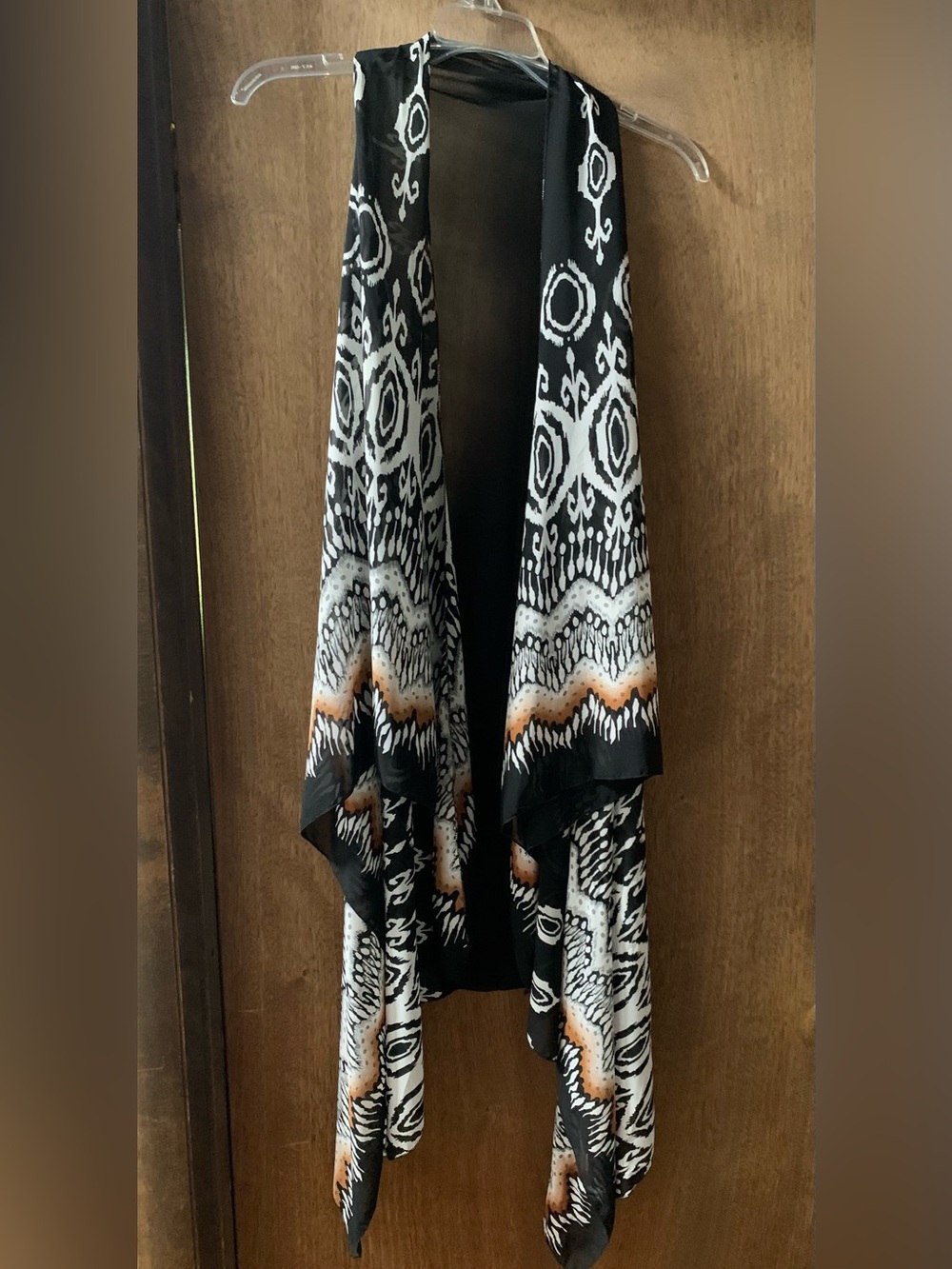 Grace Elements Womens Black White Ikat Tribal Print Chiffon Longline Duster Vest